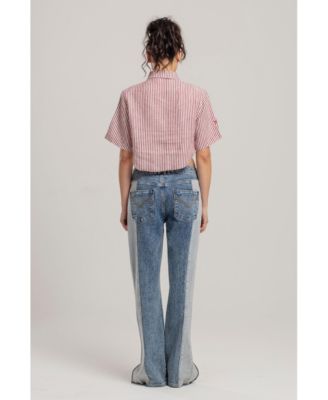 Women's Red Striped Linen Crop Shirt