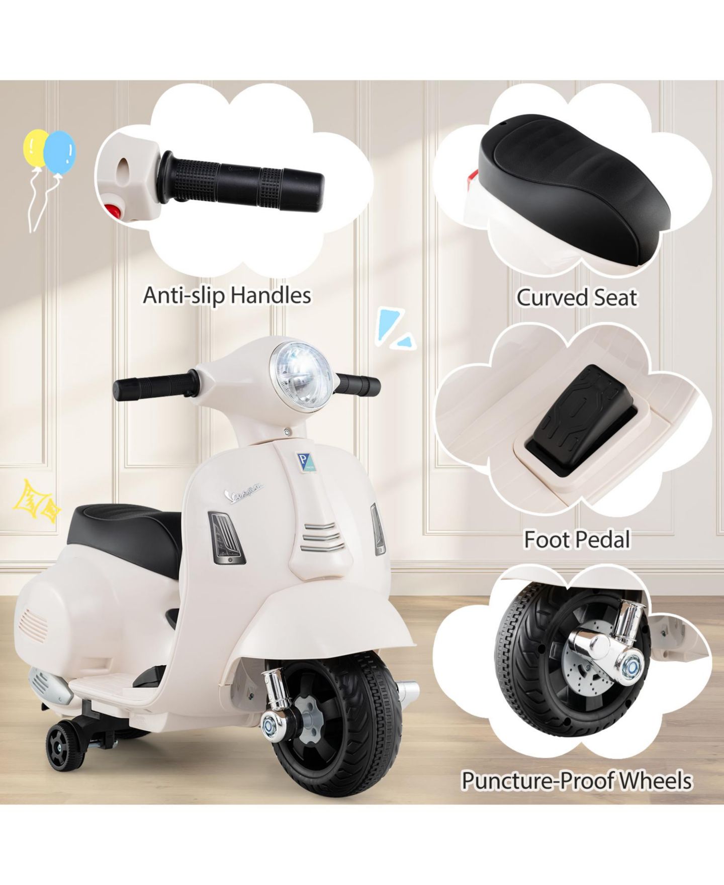 Детская игрушка SUGIFT Licensed Vespa 6V Rechargeable Battery Ride-On Motorcycle with Training Wheels, Ages 18-36 Months, цвет: Белый — фото 4