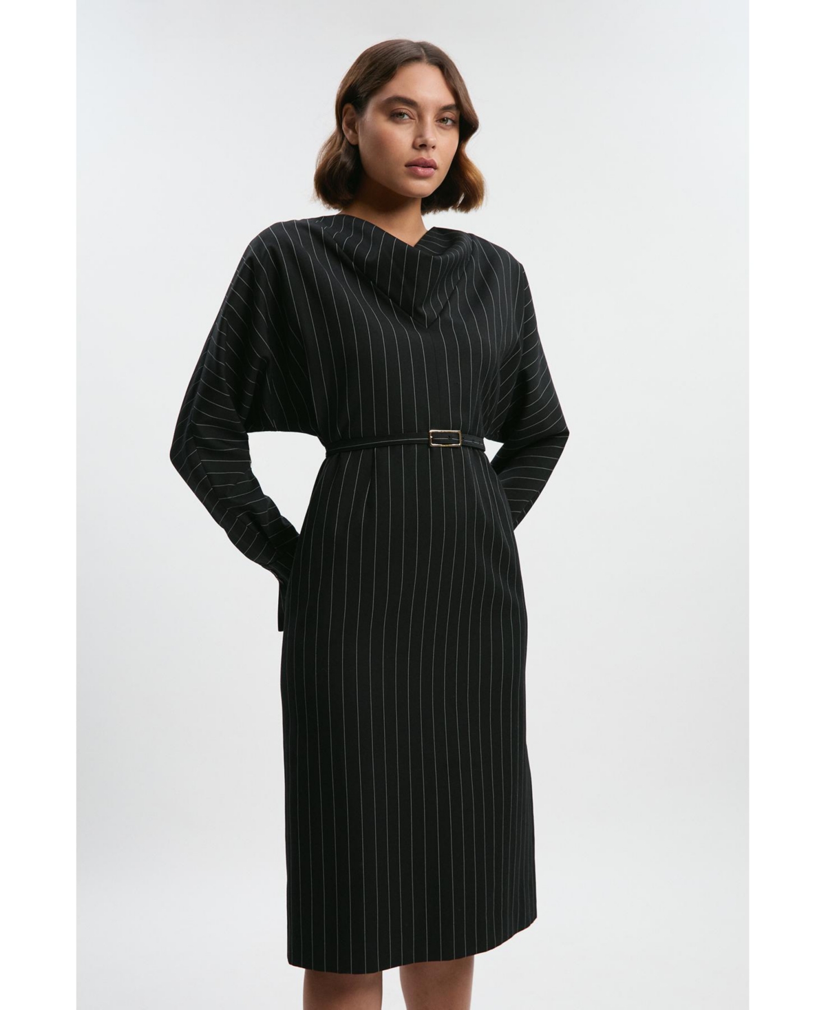 Karen Millen Women's Pinstripe Cowl Neck Midi Dress