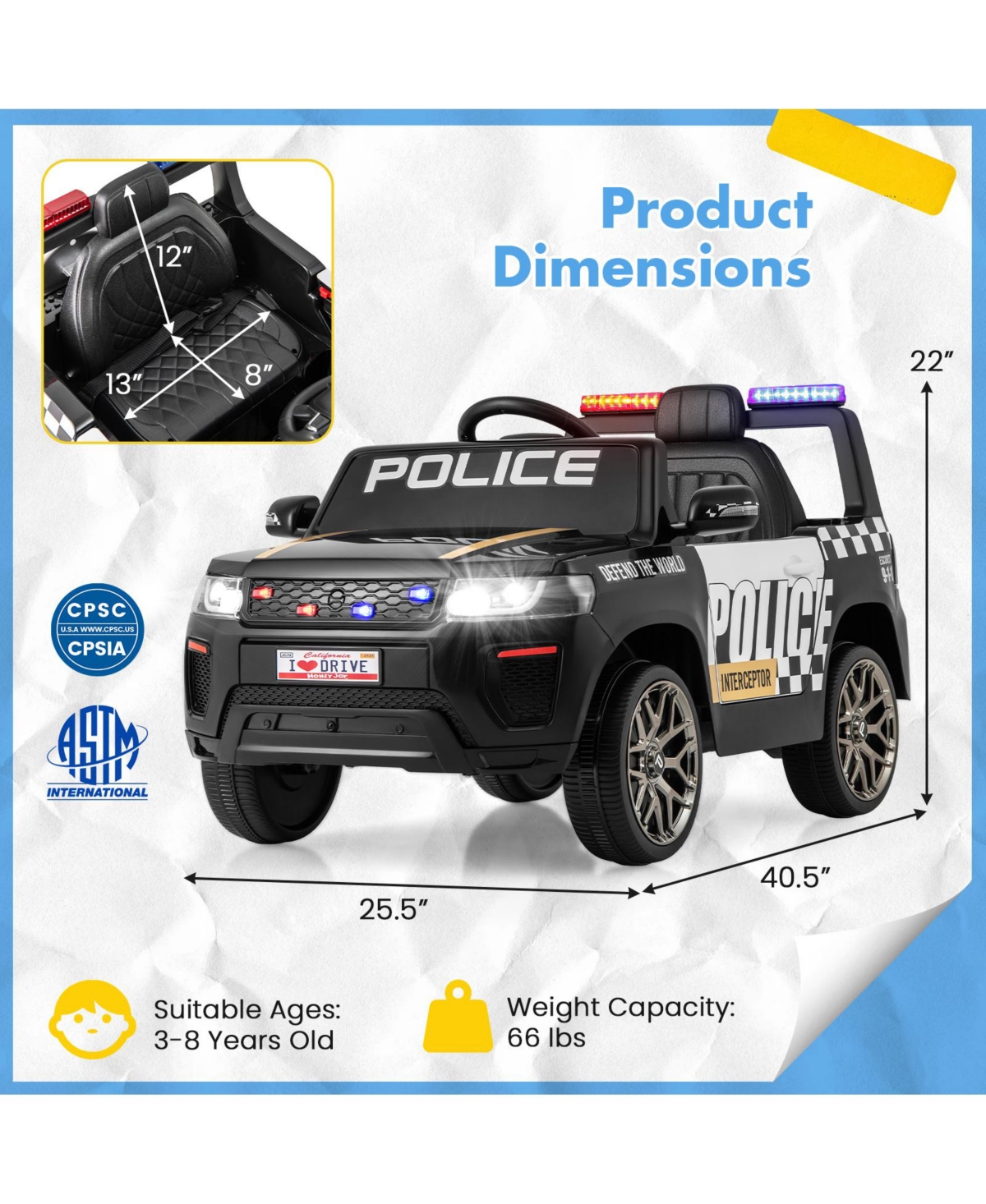 12V Kids Ride on Police Car with Remote and Siren Flashing Lights