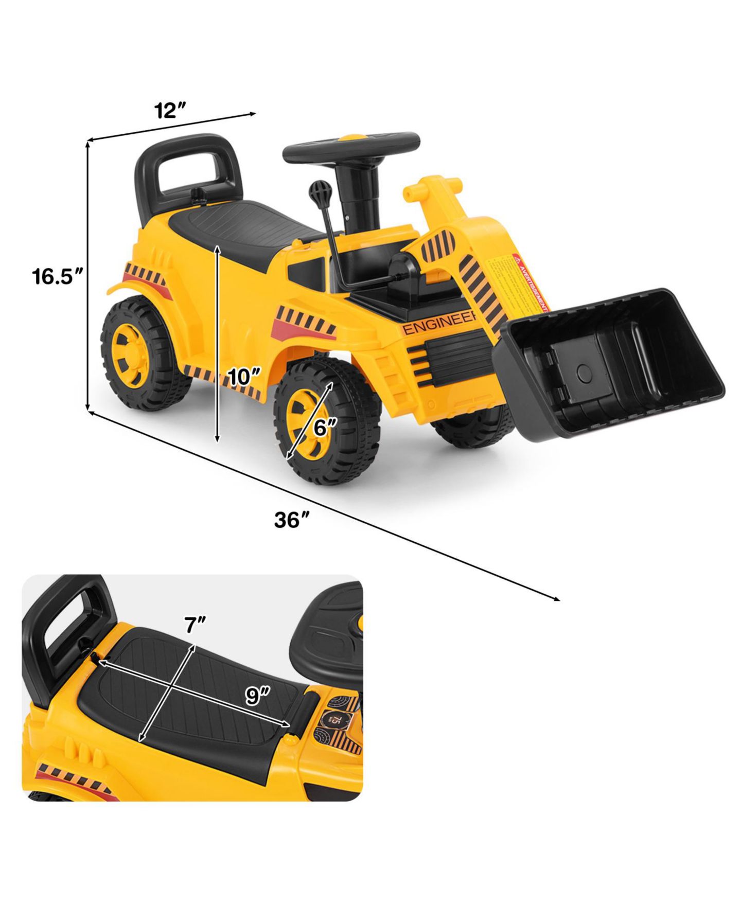 Детская игрушка SUGIFT Ride-On Bulldozer Excavator, 36"L x 12"W x 16.5"H, With Storage & Steering Wheel, Ages 3+, цвет: Жёлтый — фото 3
