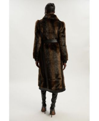 Women's Faux Fur PU Panelled Belted Midi Coat