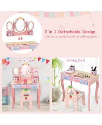 Kids Vanity Princess Makeup Dressing Table Chair Set with Tri-fold Mirror, White