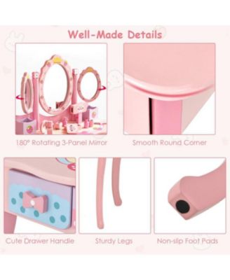 Kids Vanity Princess Makeup Dressing Table Chair Set with Tri-fold Mirror, White