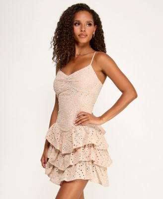 Women's Eyelet Tiered Sweetheart Neck Short Dress