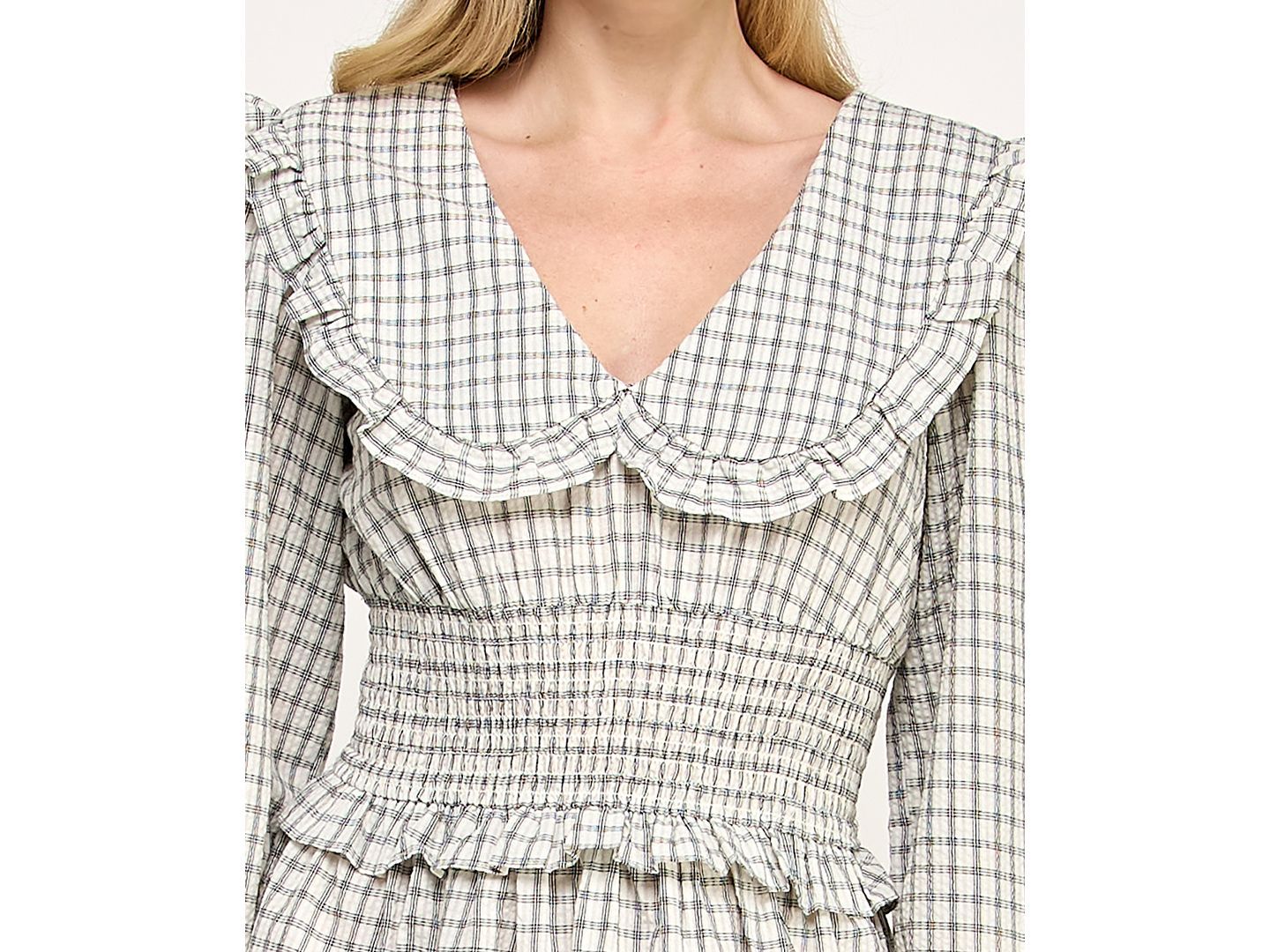 Женское платье Crystal Doll Juniors' Collared Smocked Checker Pattern, цвет: Слоновая кость / Чёрный — фото 3