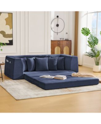 Streamdale Blue Corduroy Convertible Sofa Bed with 5 Pillows, No Assembly