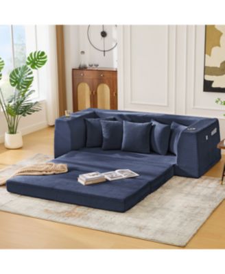 Streamdale Blue Corduroy Convertible Sofa Bed with 5 Pillows, No Assembly