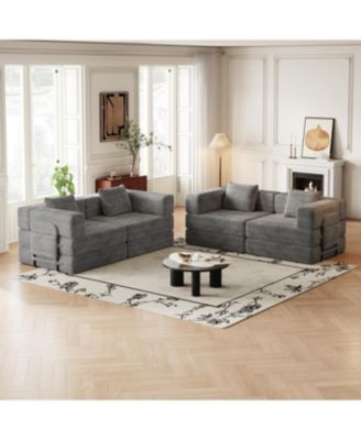 4-seater folding sofa bed with corduroy fabric, storage pockets & cushions.