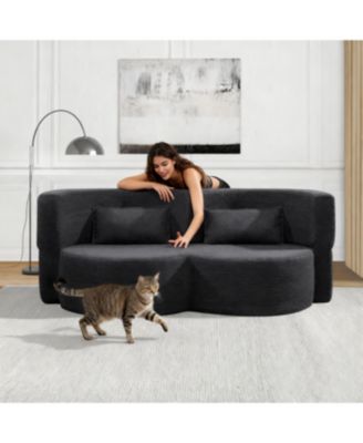 Folding sofa bed, teddy bear fabric foam sleeper futon double sofa (black)