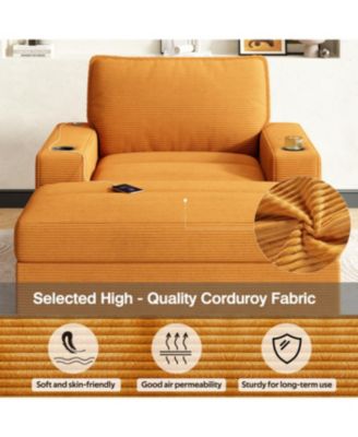 Oversized Corduroy Chaise Lounge with Storage Ottoman, Cup Holders & USB