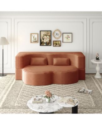 Streamdale Modern Floor Sofa with 2 Pillows, Convertible Plush Corduroy Sleeper Sofa Bed, Orange