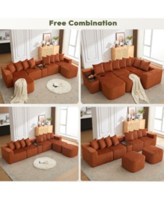 U Shaped Sofa, USB/Wireless Charge, Coffee Table, Movable, 6 Seats, Corduroy, Orange