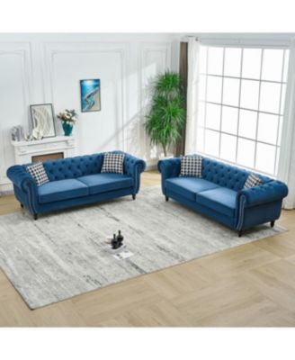 Streamdale 3+3 Seater Blue Velvet Chesterfield Sofa with Roll Armrest & Nailhead