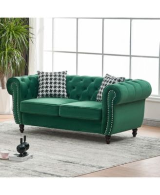 Streamdale Chesterfield Velvet Sofa with Roll Armrest & Nailhead, Green