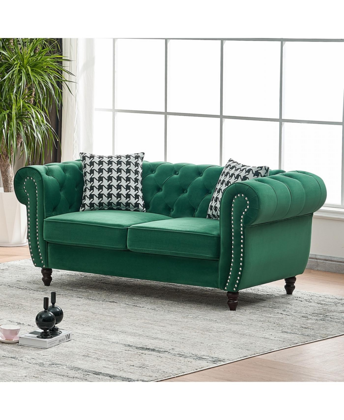 Streamdale Furniture Streamdale Chesterfield Velvet Sofa with Roll Armrest & Nailhead, Green