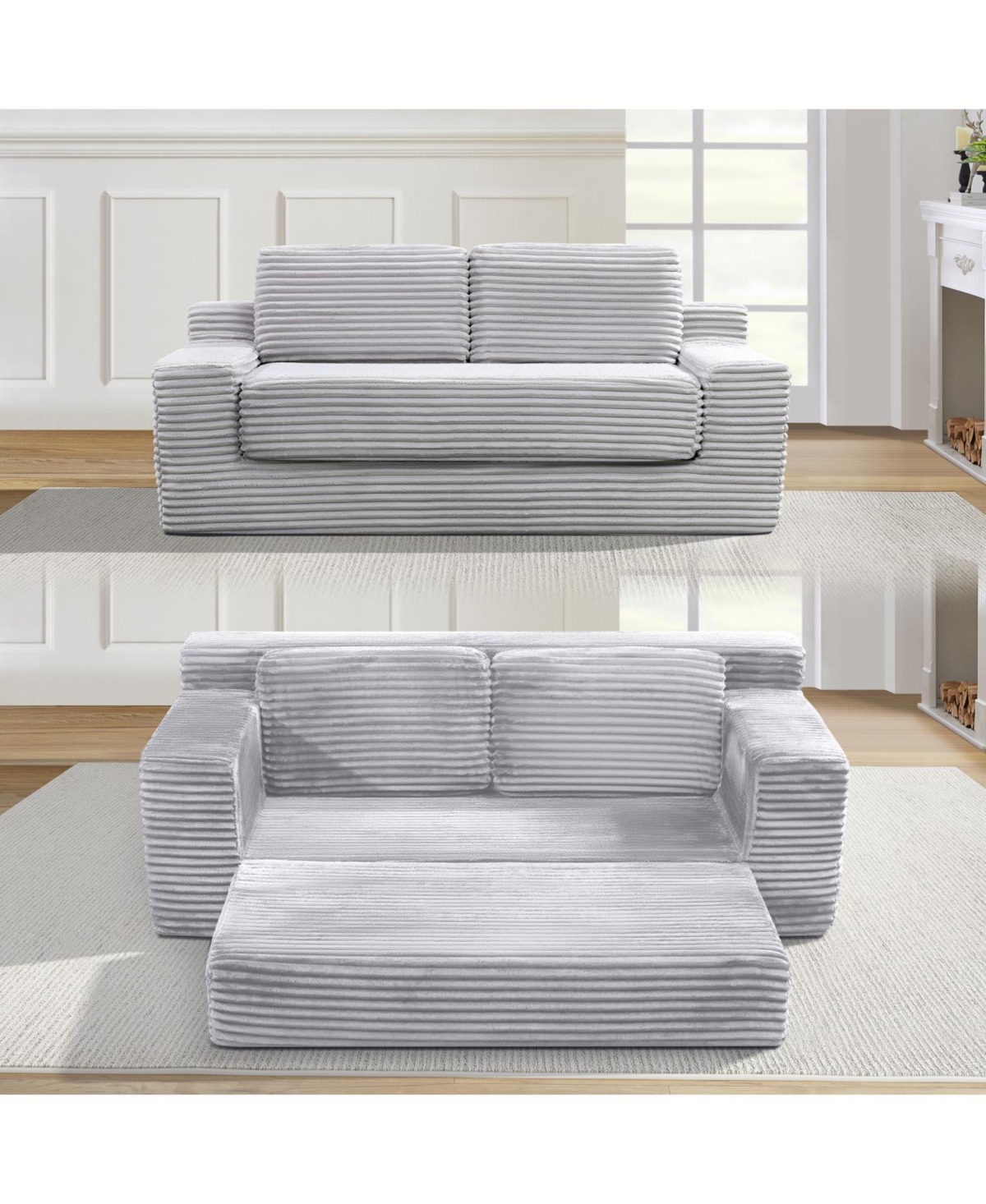 Streamdale Furniture Corduroy Cloud Double Sofa, 2-in-1 Convertible Sofa Bed, Grey