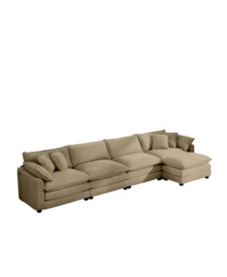 Tan Corduroy L-Shaped 3-Seater Sofa with Ottoman