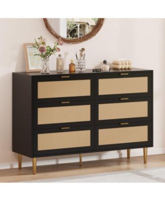Wooden  Natural Rattan 6 Drawer Dresser for Bedroom