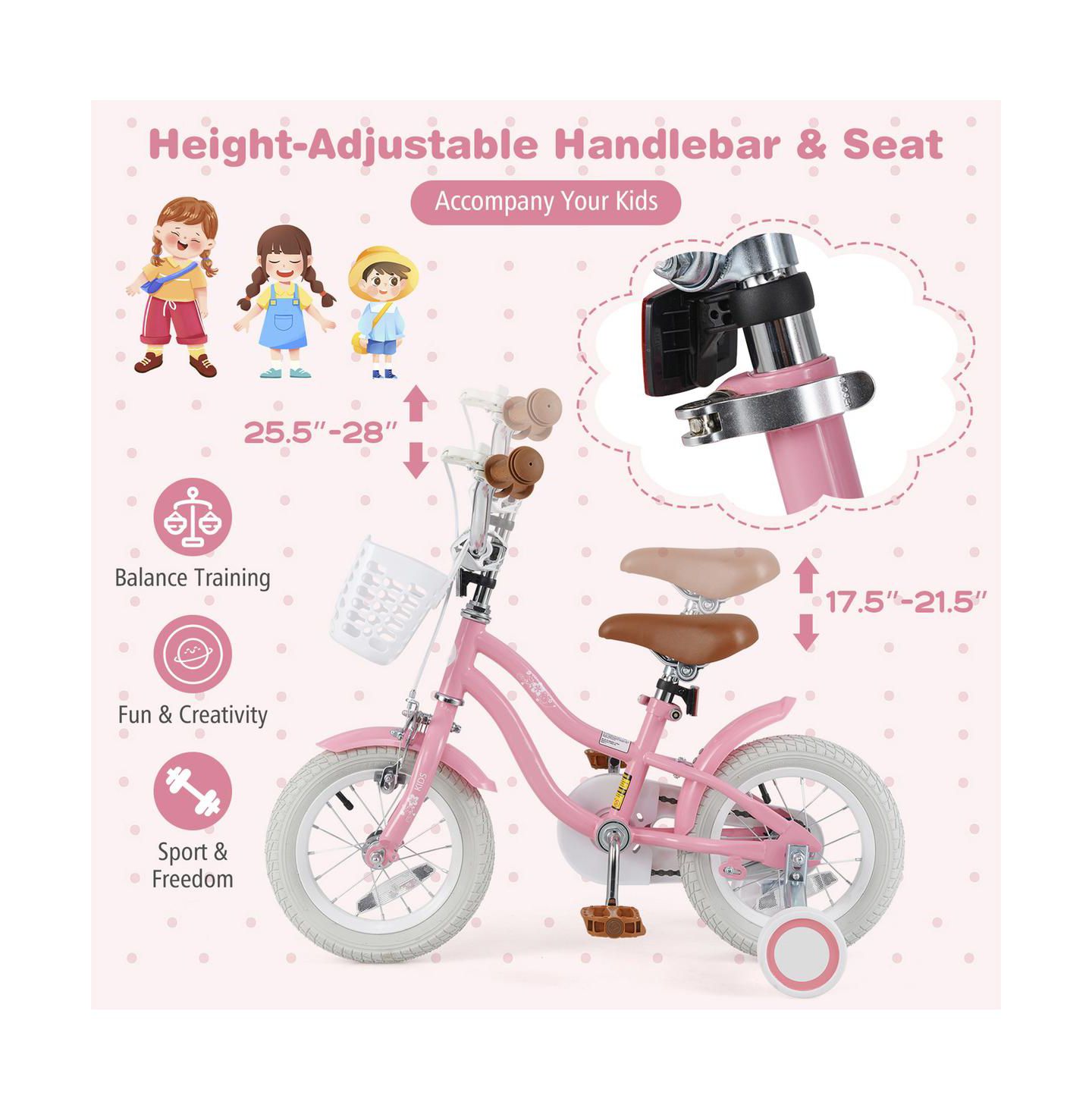 Детская игрушка SUGIFT 12 Inch Kids Bike with Removable Training Wheels and Dual Brakes, Ages 3-4, цвет: Розовый — фото 4