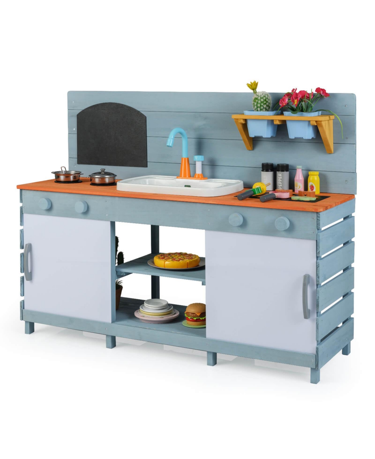 Costway Play Kitchen for Kids Wooden Toy Kitchen Playset with Chalkboard Grill Rack