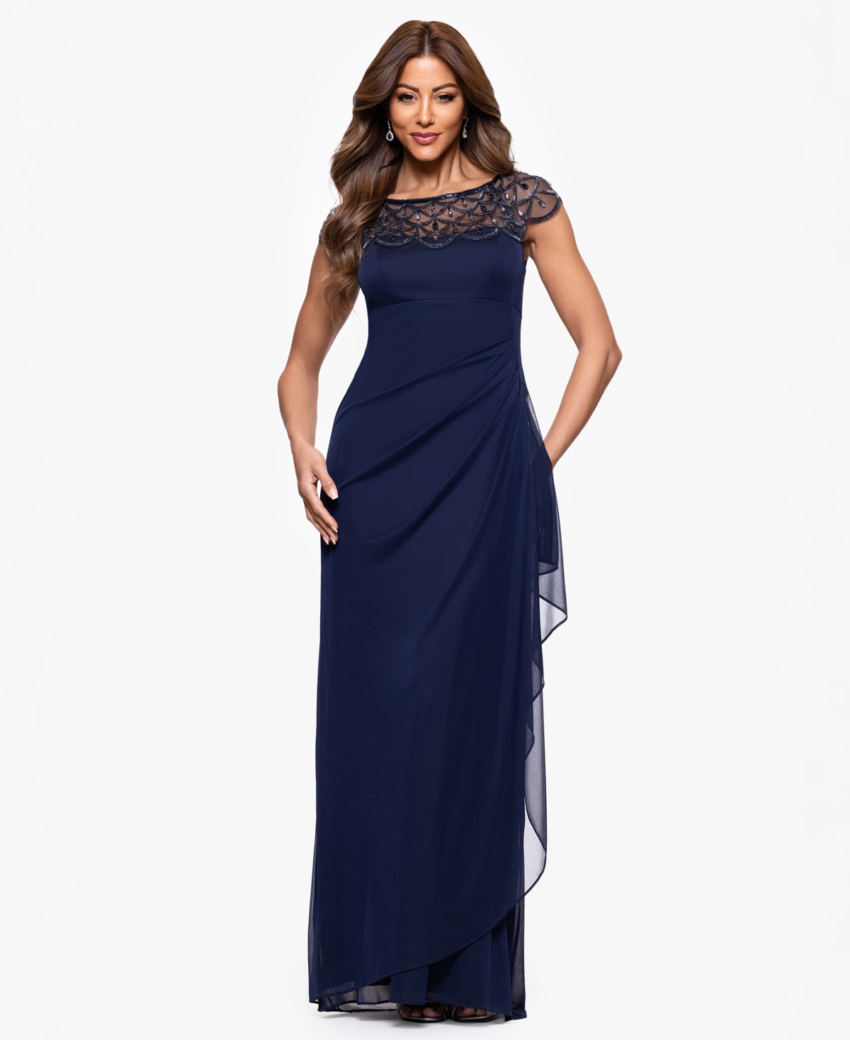 Xscape Petite Short-sleeve Boat Neck Dress In Blue