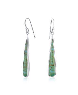 Boho Blue Stabilized Turquoise Inlay Long Flat Teardrop Shaped Dangle Earrings Sterling Silver French Wire