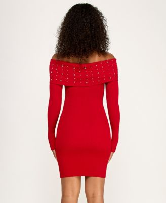Juniors Off The Shoulder Rhinestone Fitted Sweater Dress