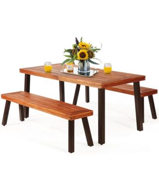3 Pieces Picnic Table Set Acacia Wood Table Bench with Steel Legs Outdoor Patio