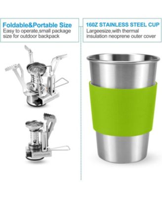 Camping Cookware Stove Carabiner Canister Stand Tripod and Stainless Steel Cup, Tank Bracket, Fork Spoon Kit