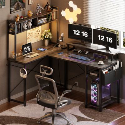 49'' Small L Shaped Desk with Hutch, Reversible Computer Gaming Desk with Outlet and LED Strip