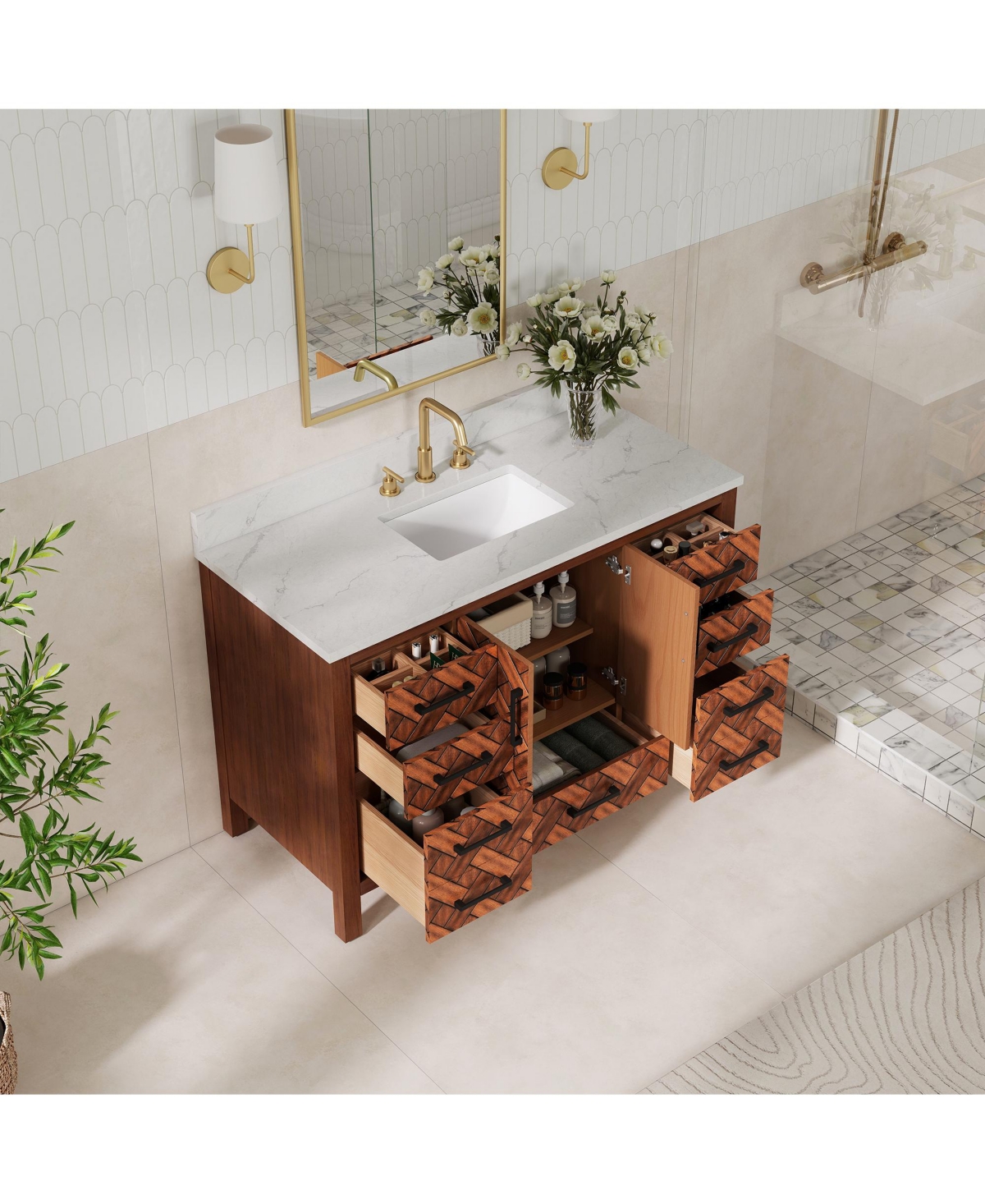 Casainc 48" Fully Assembled Bathroom Vanity with Engineered Stone Top, Solid Wood Frame and Built-in Outlet