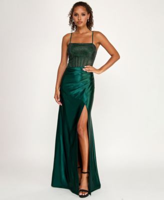 Juniors' Square Neck Side Slit Gown