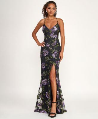 Juniors' Floral Embroidery Sequin Applique Front Slit Gown