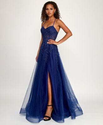 Juniors' Embroidered Appliqu&eacute; Side-Slit Ball Gown, Created for Macy's