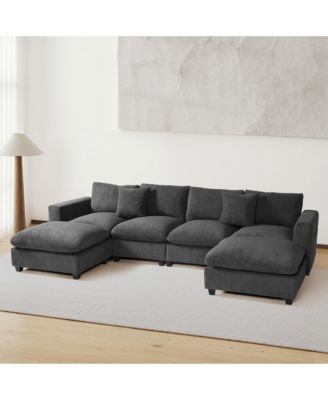 128" Corduroy Modular U-Shaped Sectional Couch and Chaise With USB/Type-C Ports and Side Pockets