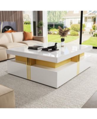 Streamdale Modern Glossy Square Storage Coffee Table with 4 Drawers, 43.3", Black