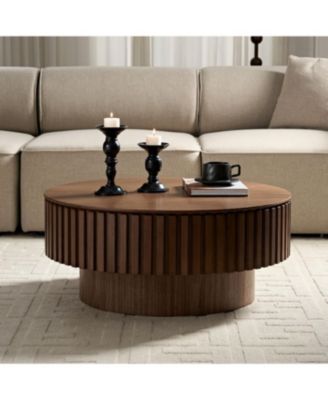 Streamdale 31.49" Round Coffee Table with Storage, Modern Walnut Pedestal Table