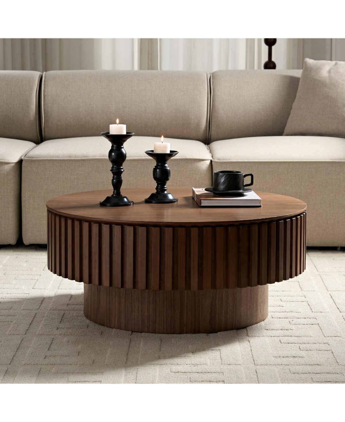 Streamdale 31.49" Round Coffee Table with Storage, Modern Walnut Pedestal Table