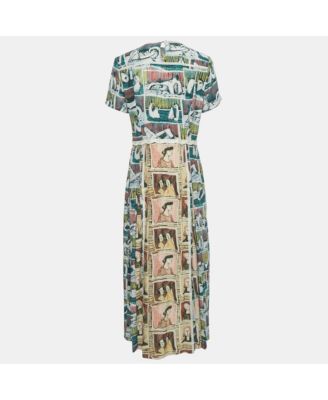 Women's Multicolor Framed Heads Print Silk Lace Trim Maxi Dress