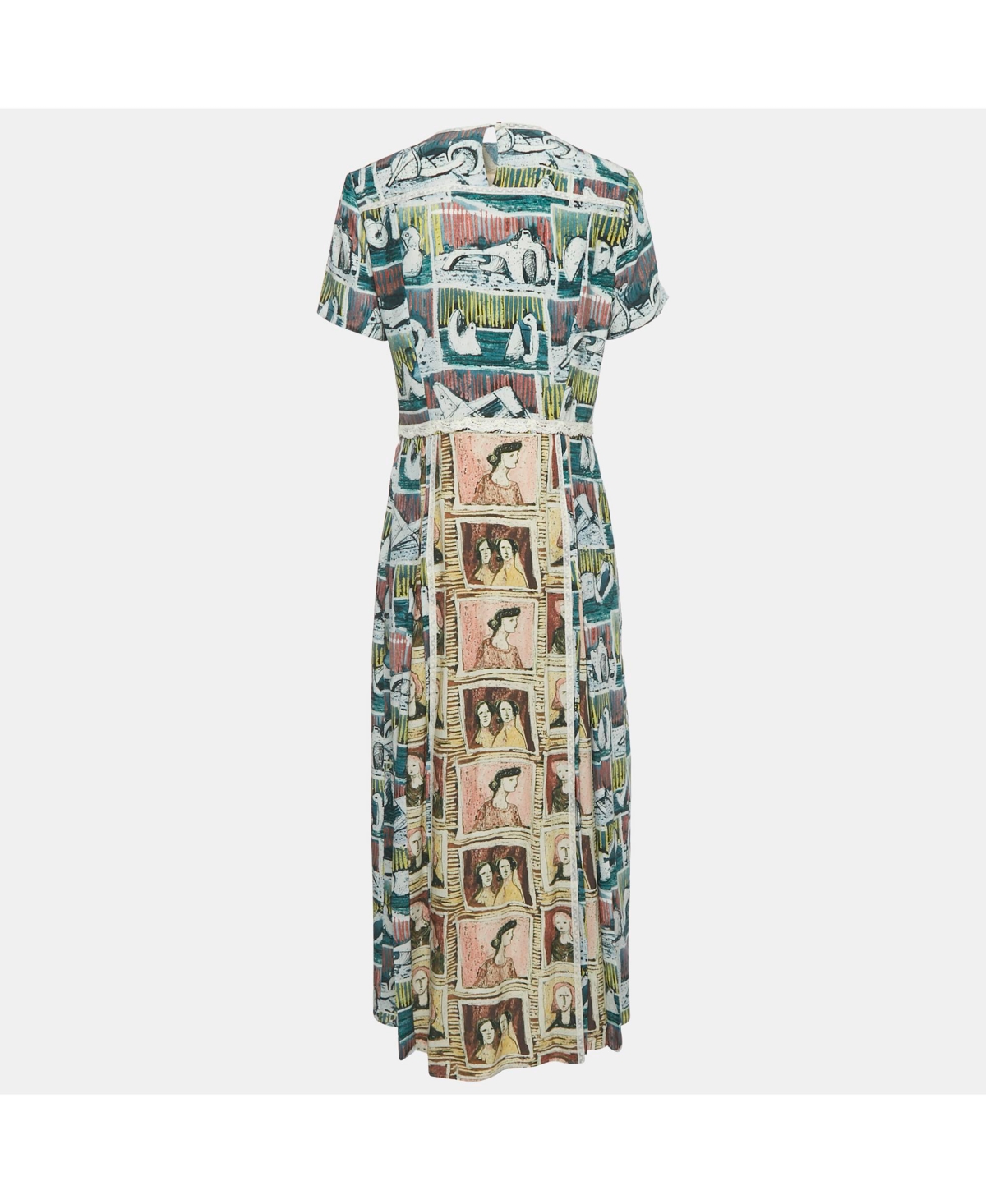 Pre-Owned Burberry Women's Multicolor Framed Heads Print Silk Lace Trim Maxi Dress