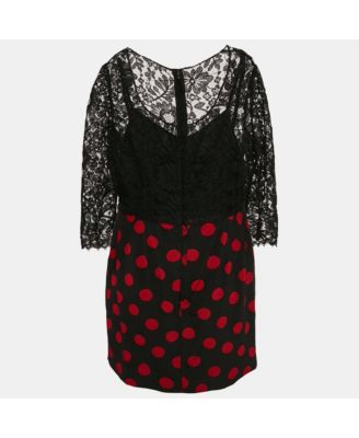 Women's Black Lace And Polka Dot Print Silk Mini Dress