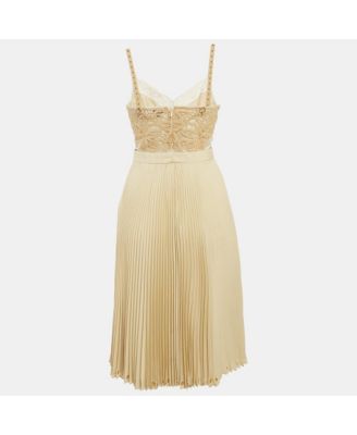 Women's Beige Lace And Crepe Pleated Stud Detail Short Slip Dress