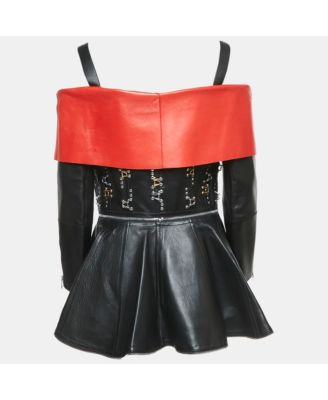 Women's Black/red Leather Zip Front Cold-Shoulder Top
