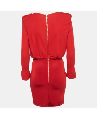 Women's Red Jersey & Knit Plunge Neck Button Detailed Mini Dress