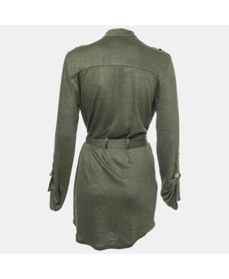 Women's Kaki Green Knit Button-Embellished Belted Mini Dress