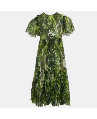 Women's Green Tropical Print Silk Flounce Dress