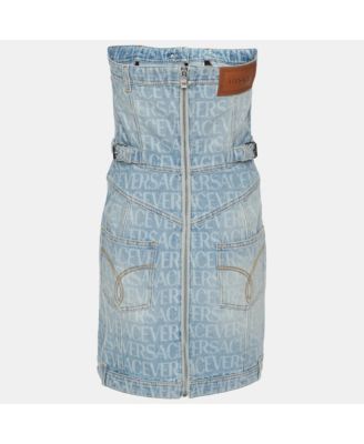 Women's Blue Logo Print Denim Strapless Mini Dress
