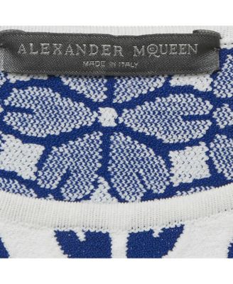 Women's White/blue Floral Pattern Stretch Knit Mini Dress