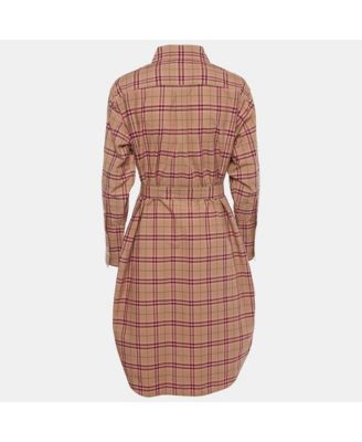 Women's Beige /pink Checkered Print Cotton Short Shirt Dress
